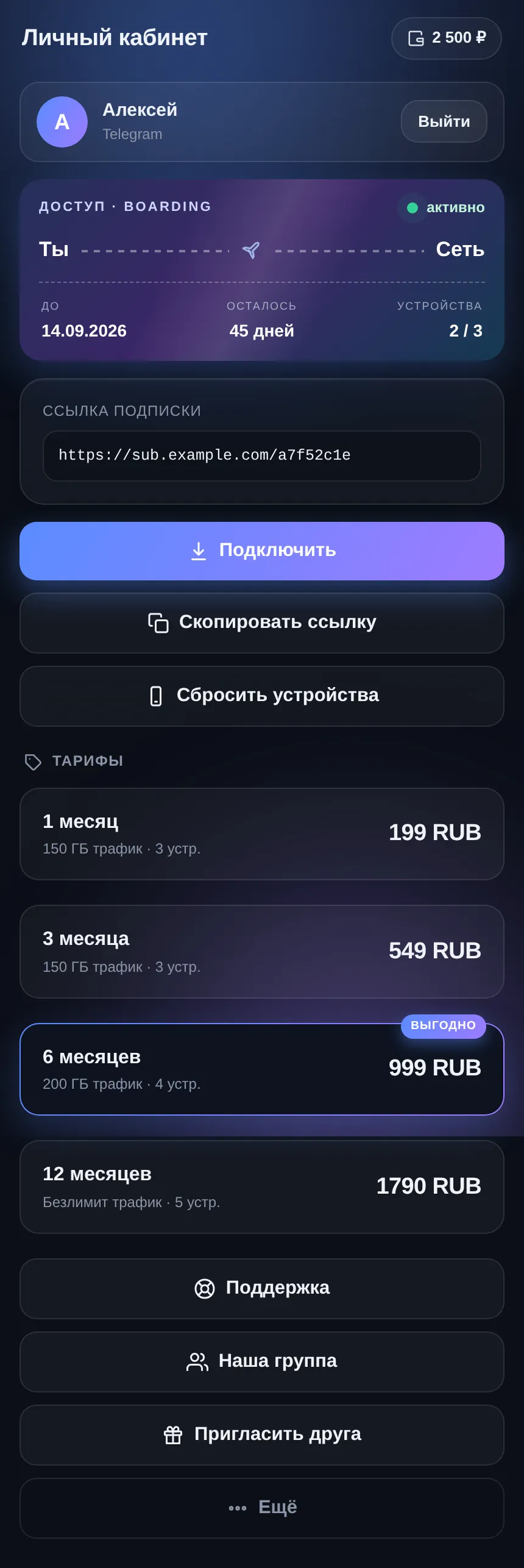 Главный экран кабинета (мобильный)